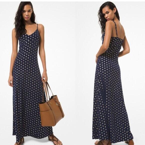 Michael Kors Dresses & Skirts - Michael Kors Women's Navy Foil Gold Medallion Slip Maxi Party Dress Small EUC